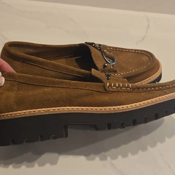 HELIO DONALD PLINER Brown Saddle Suede Leather Loafers Womens Lug Sole New 7.5 - Picture 9 of 10